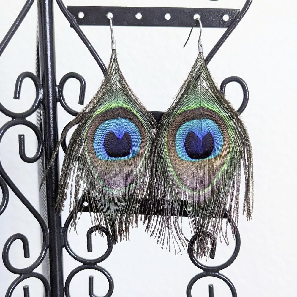 Large Peacock Feather Earrings, NYE, Wedding Guest